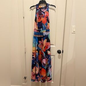 Tahari Navy Multi Floral Halter Maxi Dress
